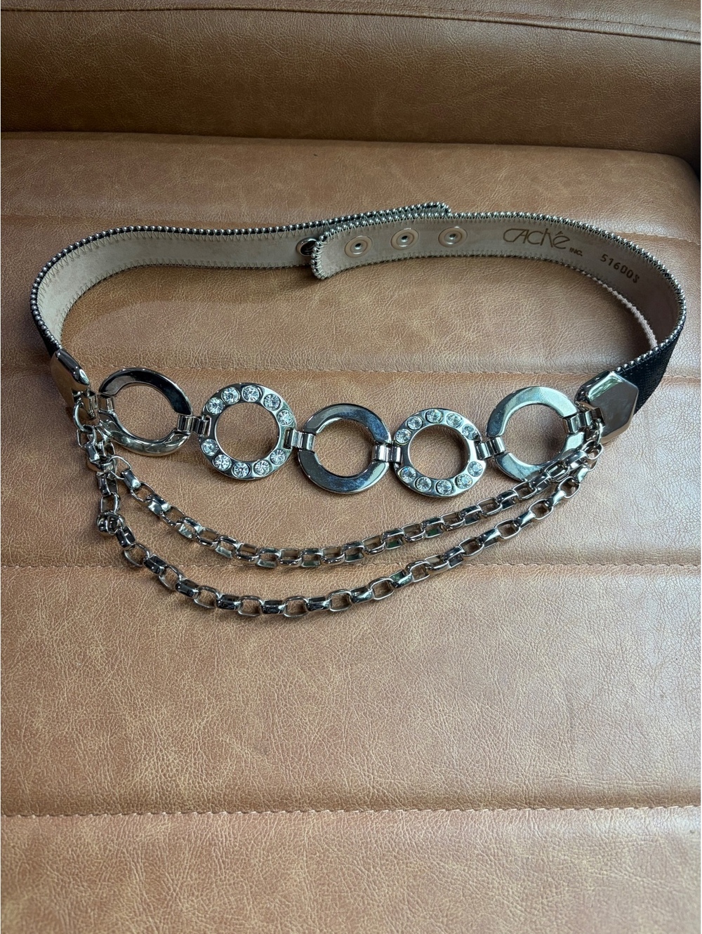Caché Silver Hoop Ring Belt Layered Chain Rhinestone Y2K